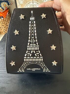 Karl Lagerfeld Black Mini Crossbody with Silver Eiffel & Star Studs